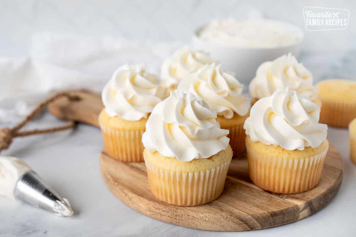 Frosted Vanilla cupcakes with Vanilla Buttercream Frosting.