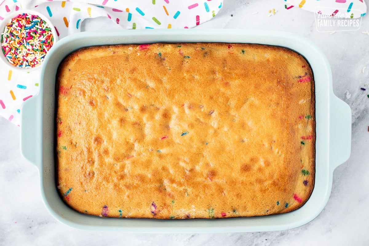 Baked Funfetti Cake in a baking dish.