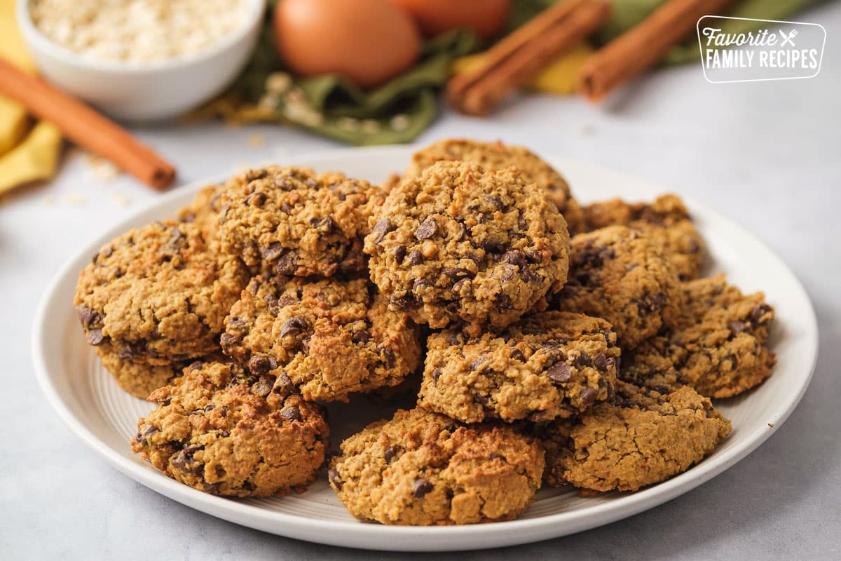 Oatmeal chocolate chip cookies on a white plate. 