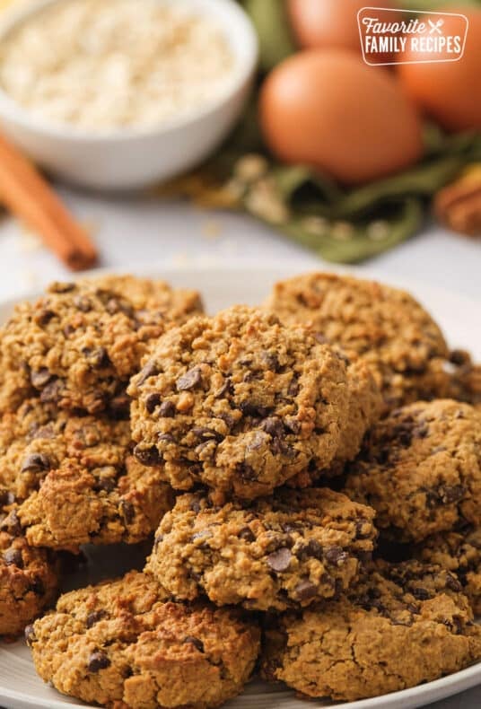 A plate of Chewy Oatmeal Cookies up close