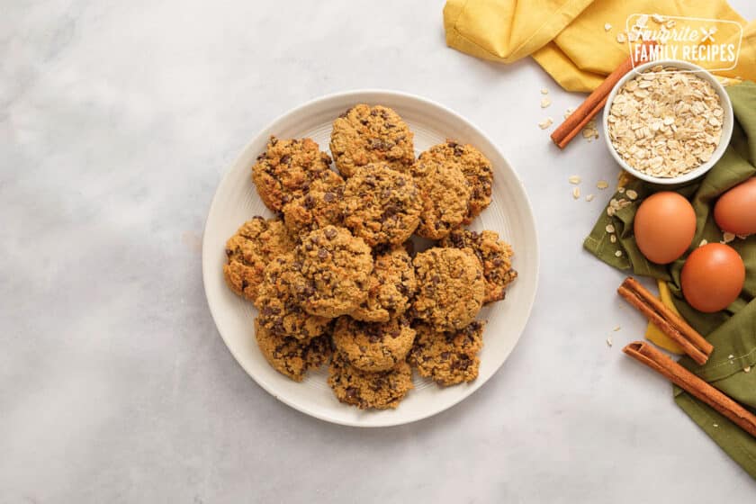 A plate of Chewy Oatmeal Cookies from above