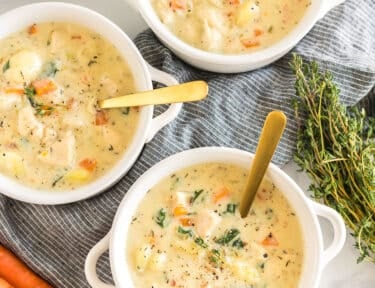 Three bowls of Chicken Gnocchi Soup