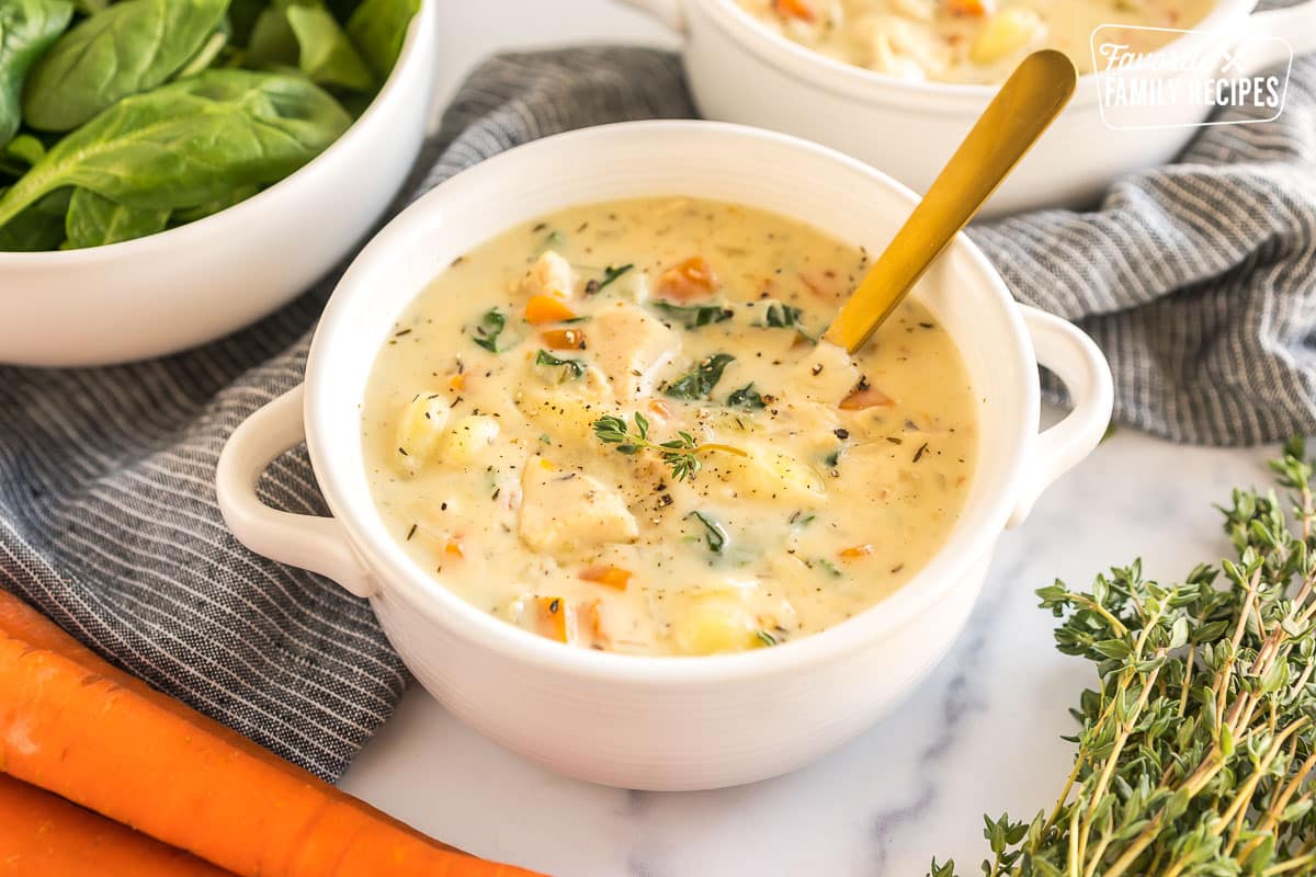 A bowl of chicken gnocchi soup