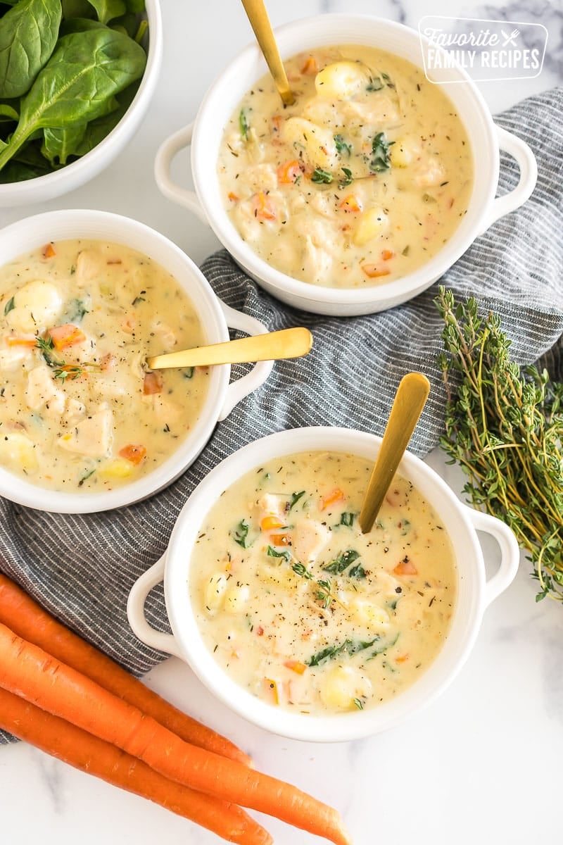 Three bowls of Chicken Gnocchi Soup