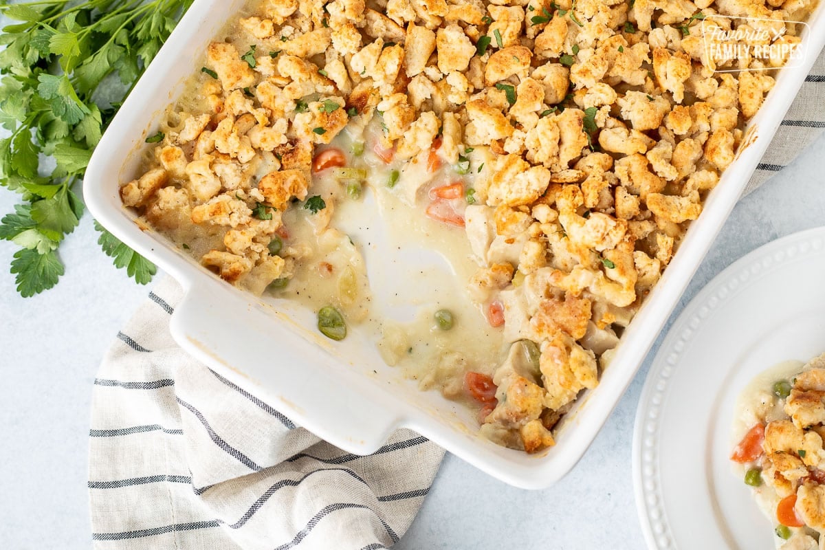 Chicken Pot Pie Casserole dish with missing scoop.