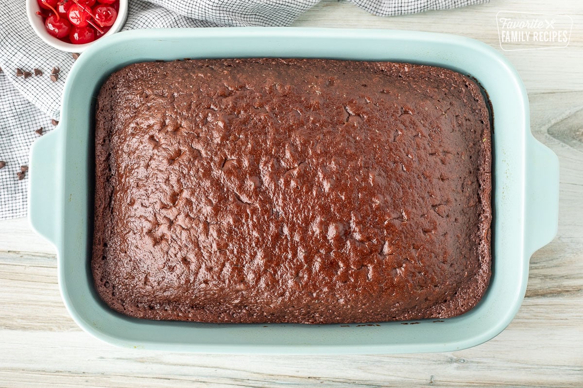 Baked Chocolate cake in a baking dish.