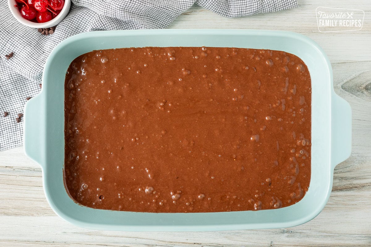 Unbaked Chocolate Cake in a baking dish.