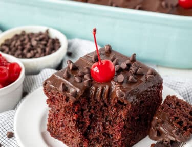 Chocolate Cherry Cake on a plate with a fork cut corner.