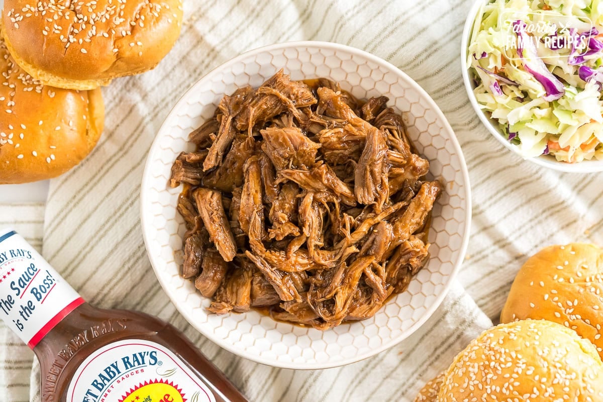 A bowl of shredded bbq pork