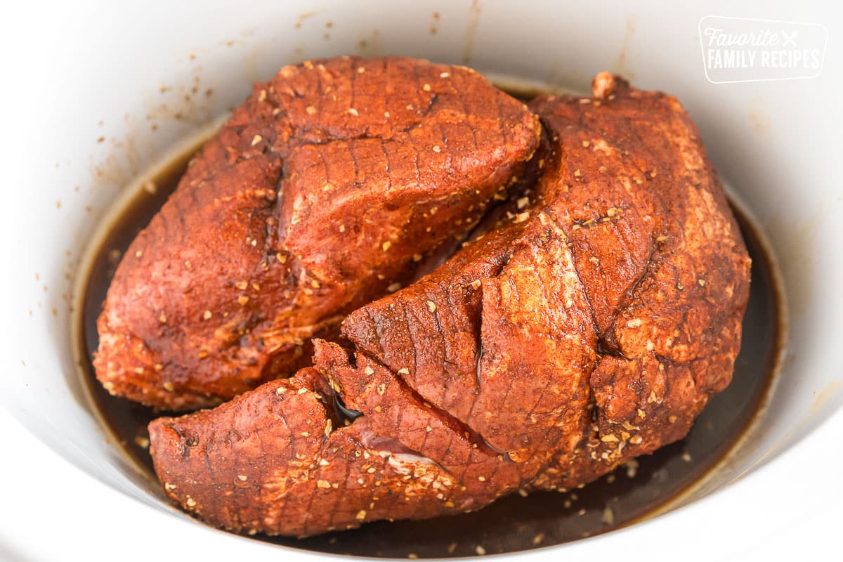 Pork in the crock pot with spices and Worcestershire sauce