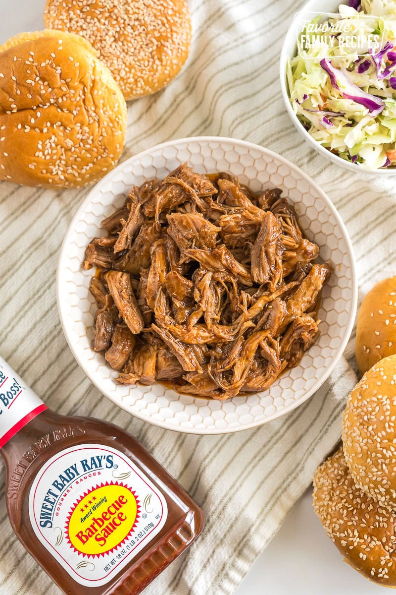 A bowl of shredded bbq pork