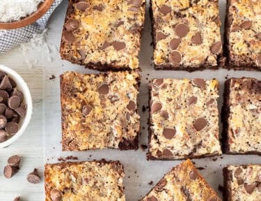 German Chocolate Cookie Bars cut in squares.