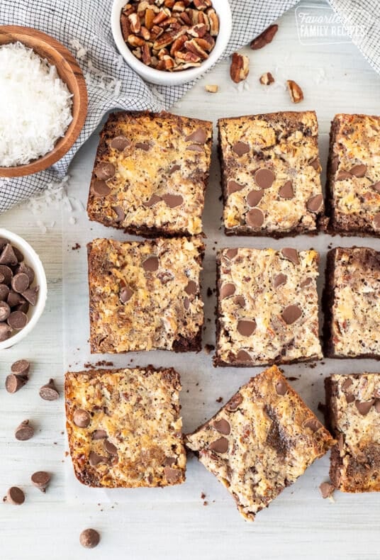 German Chocolate Cookie Bars cut in squares.