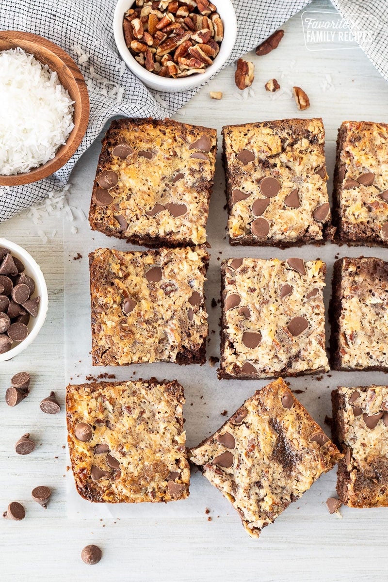 German Chocolate Cookie Bars cut in squares.