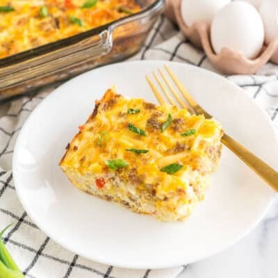 A slice of hash brown breakfast casserole on a plate