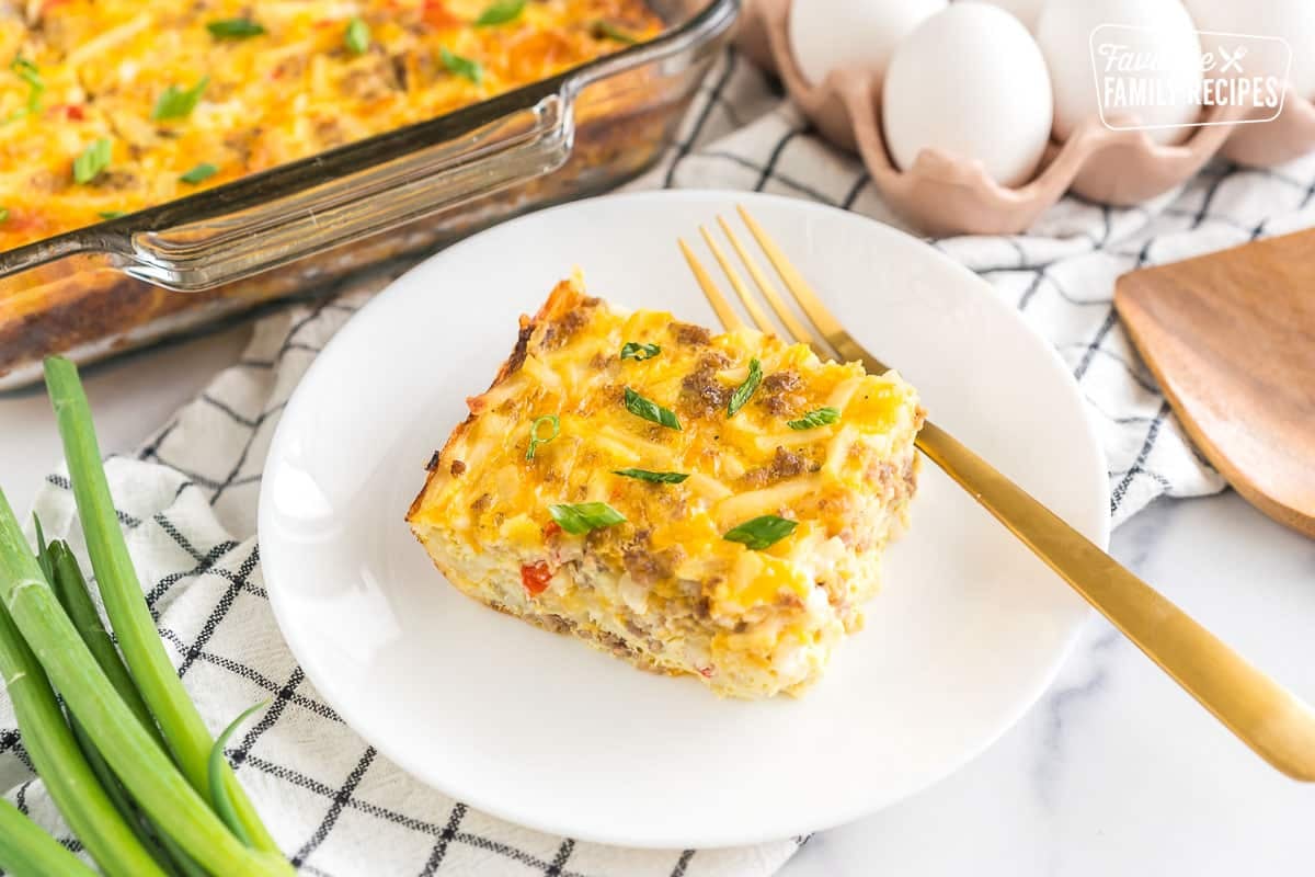 A slice of breakfast casserole on a plate