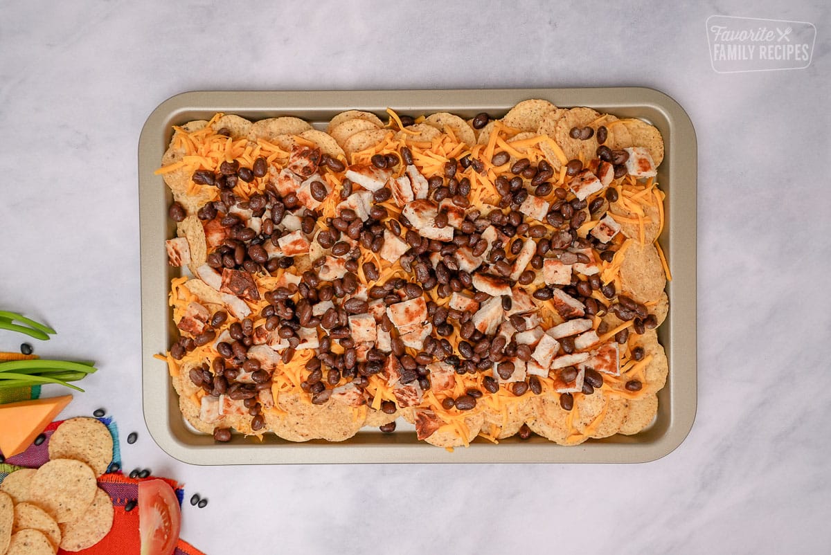 Oven Nachos on a sheet pan with black beans
