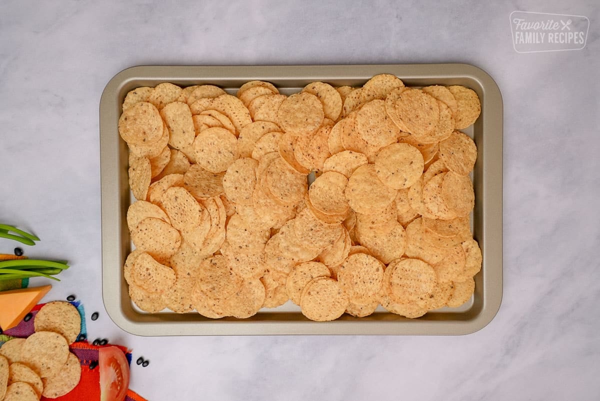 Oven Nachos chips on a sheet pan