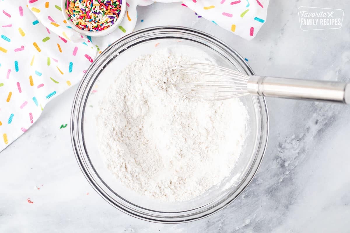 Mixing bowl with mixed dry ingredients.