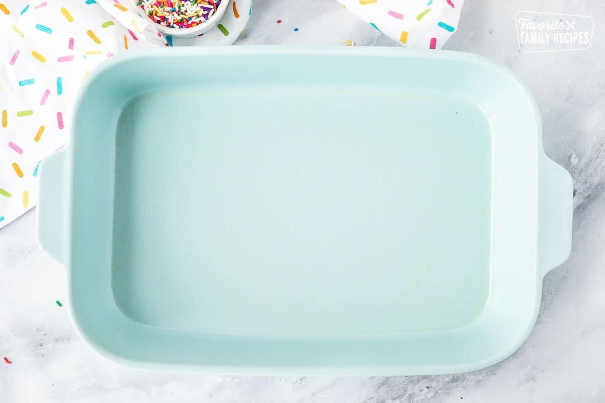 Greased baking dish.