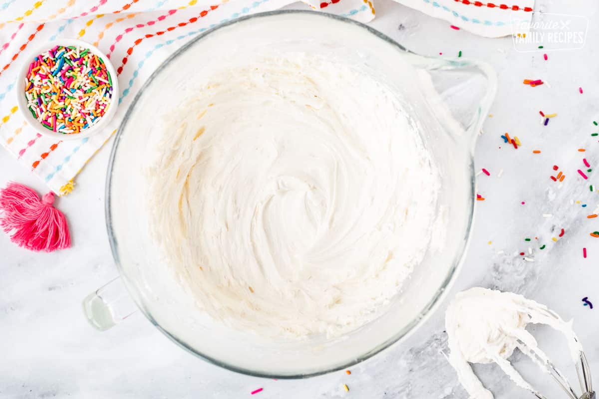 Mixing bowl with whipped frosting.