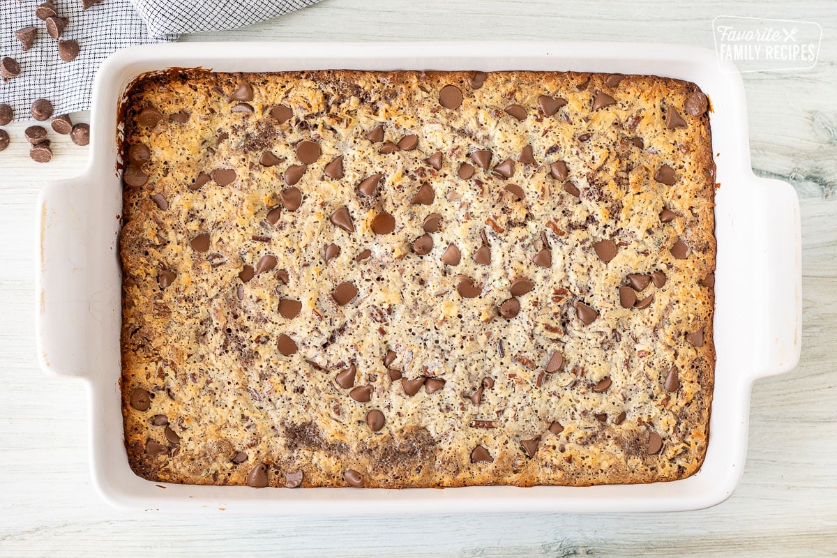 Baked German Chocolate Cookie Bars in a baking dish.
