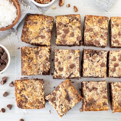 Cut German Chocolate Cookie Bars on parchment.