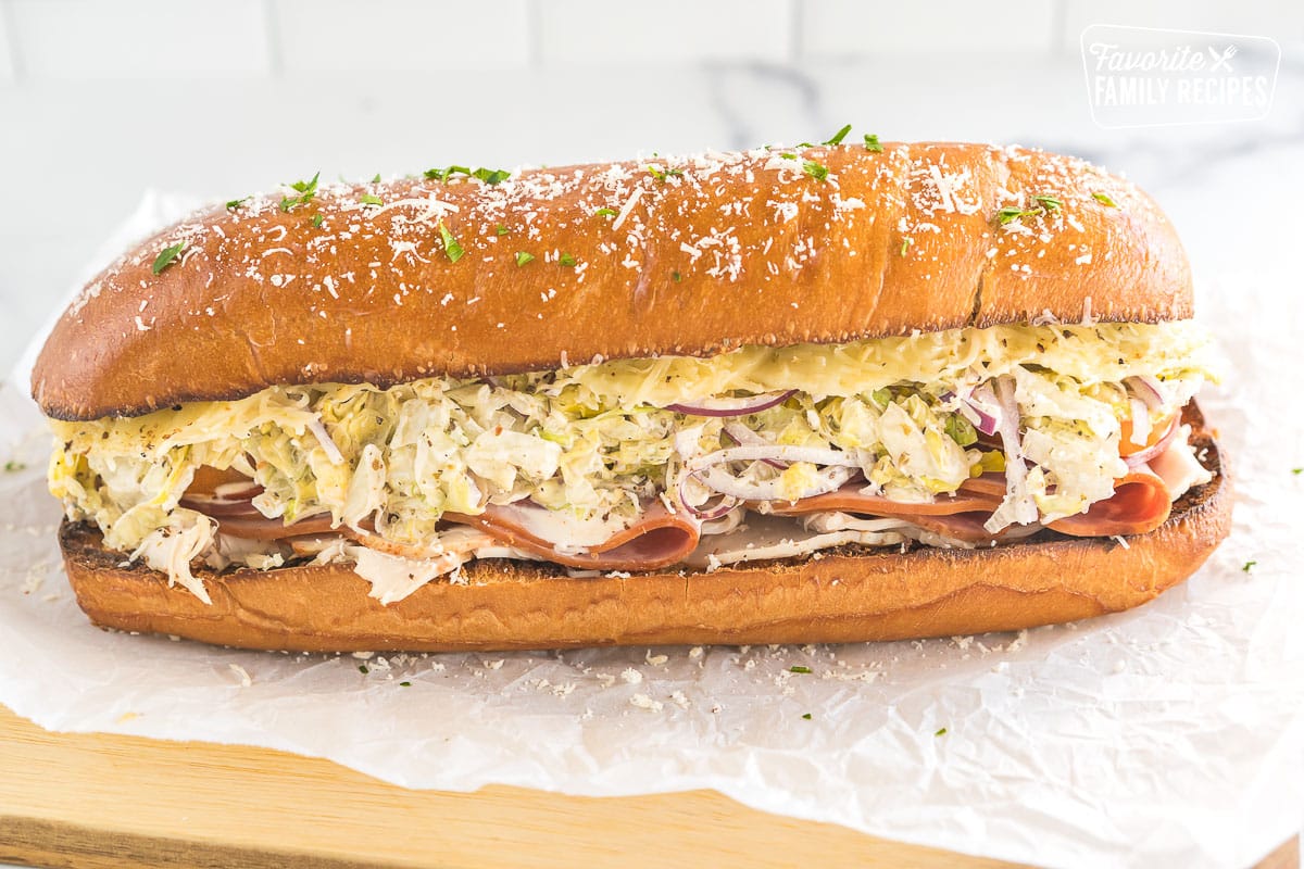 A Grinder Sandwich on a cutting board.
