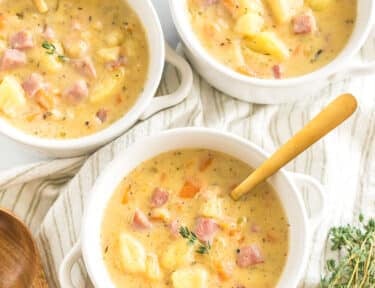 Three bowls of Ham and Potato Soup