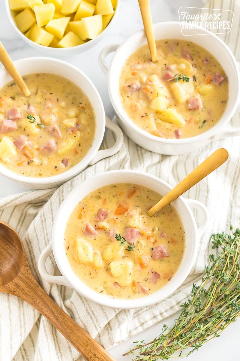 Three bowls of Ham and Potato Soup