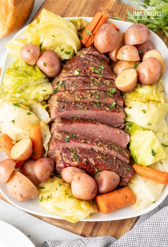 Platter of Instant Pot Corned Beef and Cabbage.
