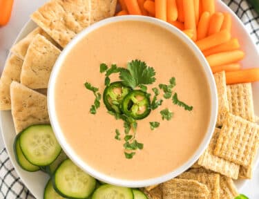 A bowl of Jalapeno Dip with crackers and veggies