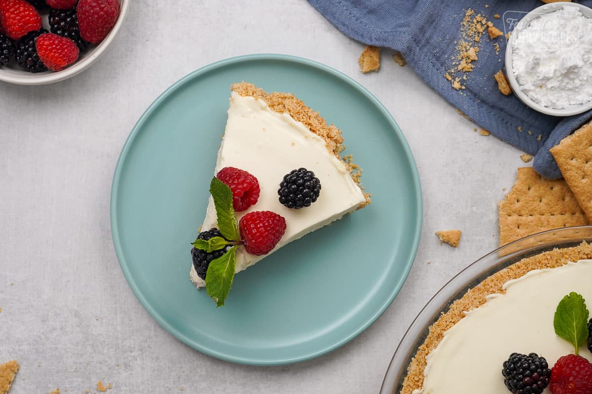 Overhead shot of No bake cheesecake on a blue plate