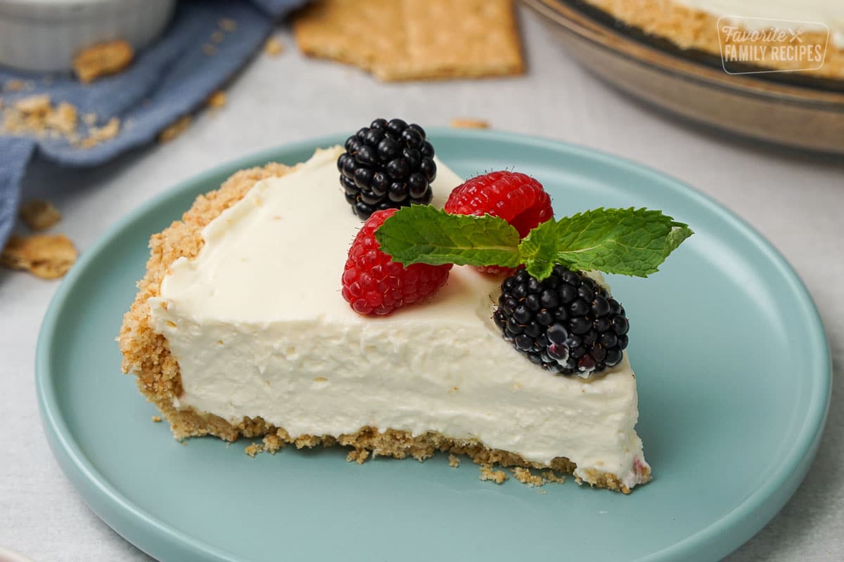 A close up shot of a slice of No Bake Cheesecake.