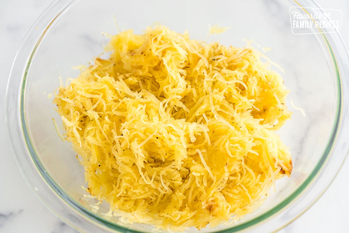 Spaghetti squash noodles in a glass bowl