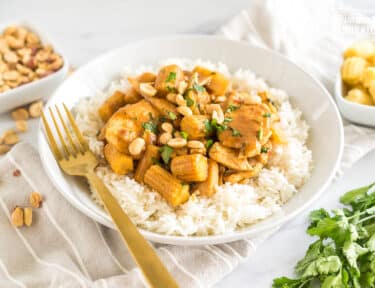 A bowl of Thai Peanut Chicken over rice