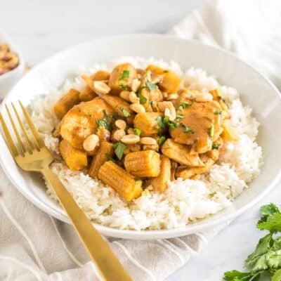 A bowl of Thai Peanut Chicken over rice