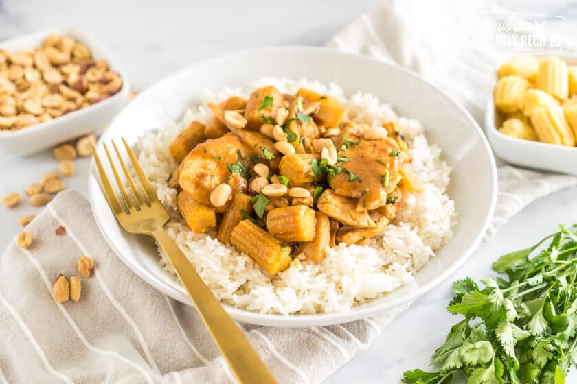 A bowl of Thai Peanut Chicken over rice