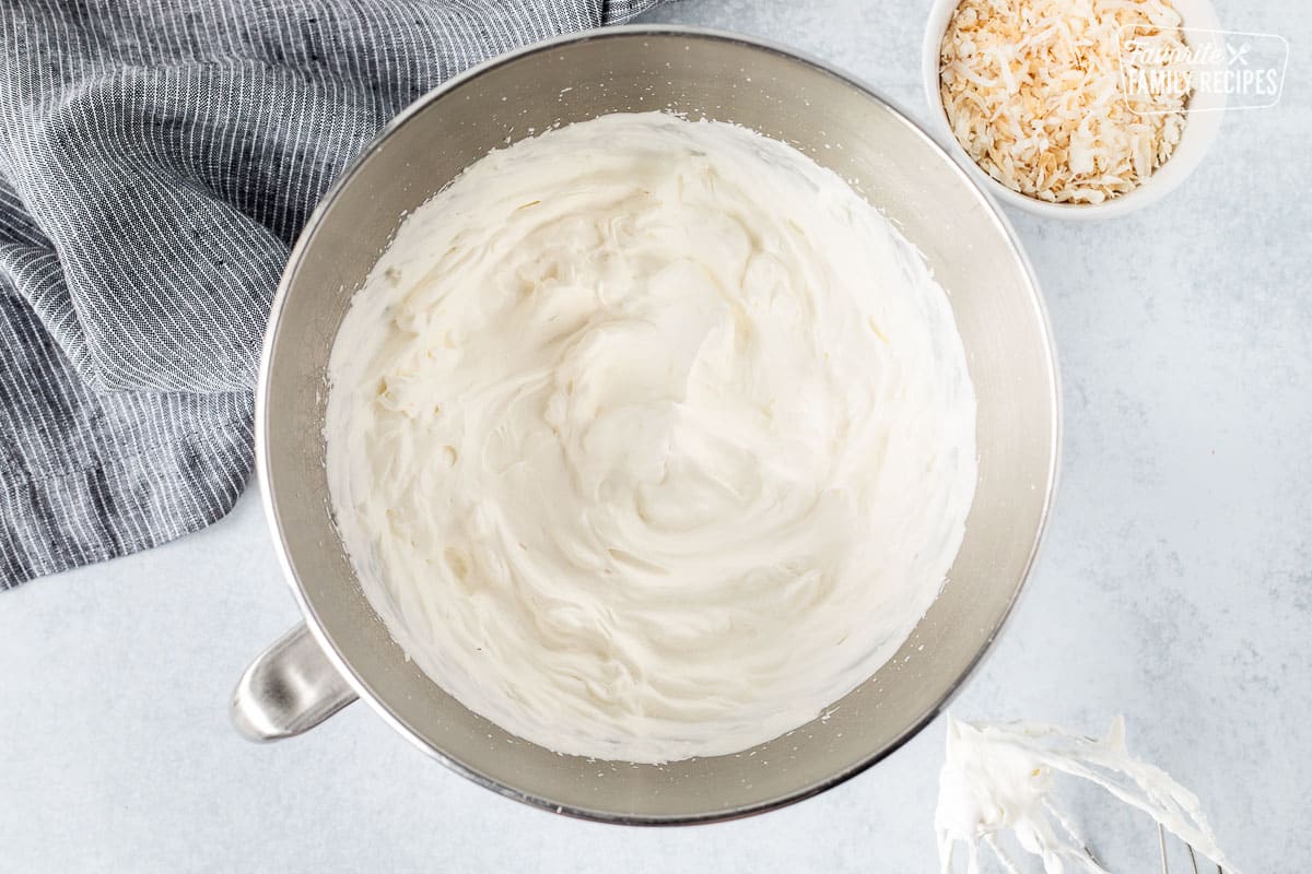 Mixing bowl with whipped cream.
