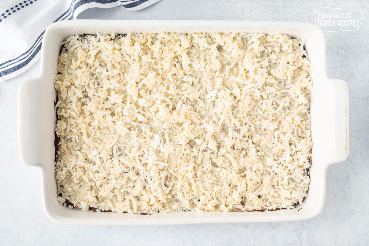 Baking dish with coconut topping.