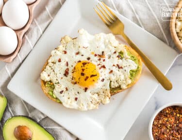 A feta egg on a piece of avocado toast