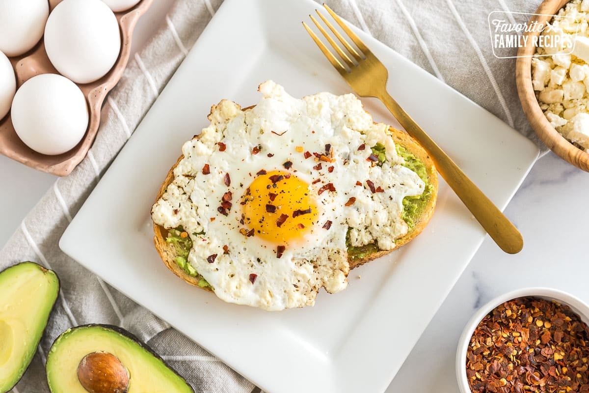 A feta egg on a piece of avocado toast