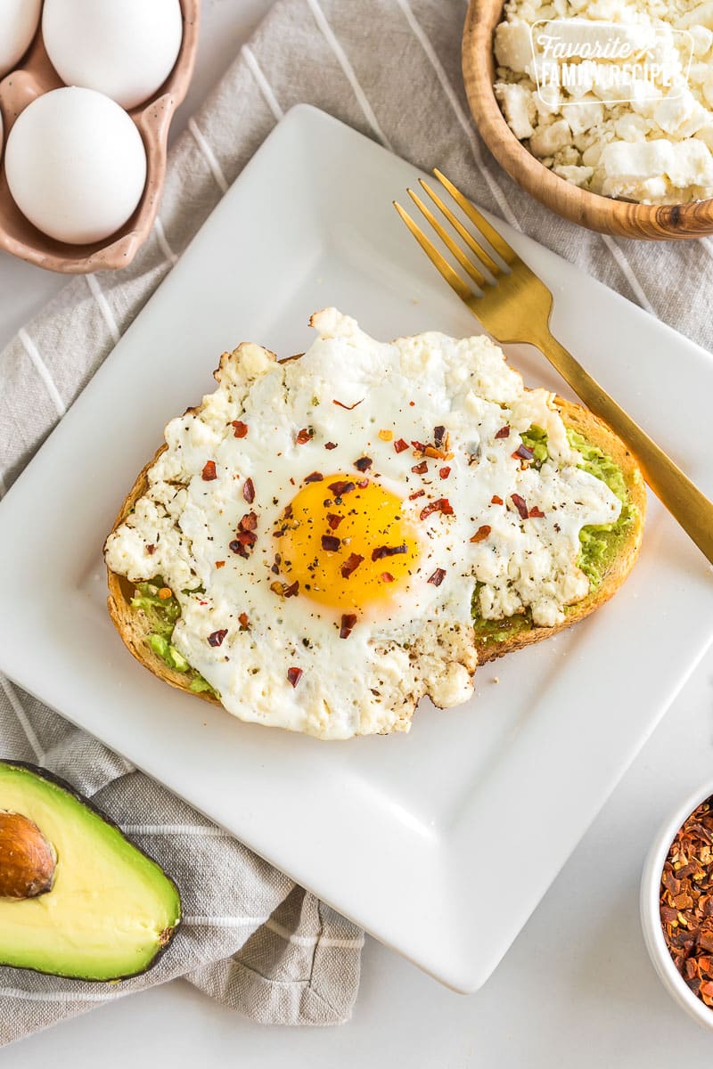 A feta egg on a piece of avocado toast