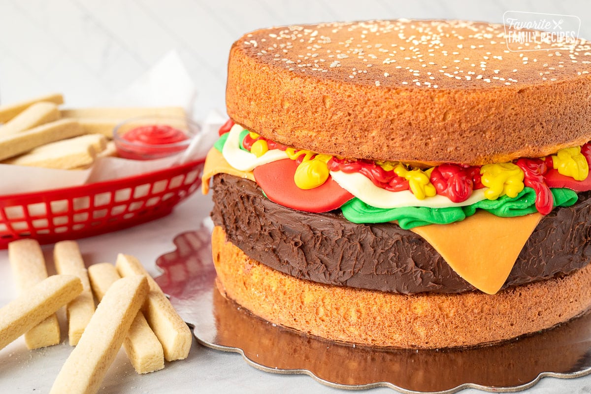 Hamburger Cake with cookie fries on the side.