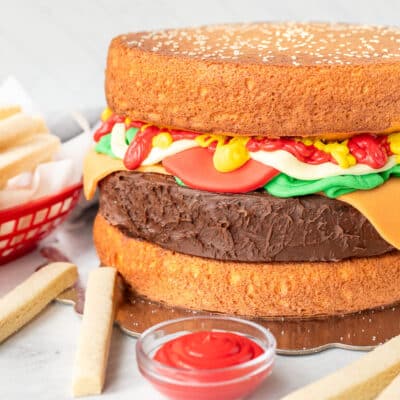 Full Hamburger Cake made from cake, fondant and frosting. Cookie fries on the side.