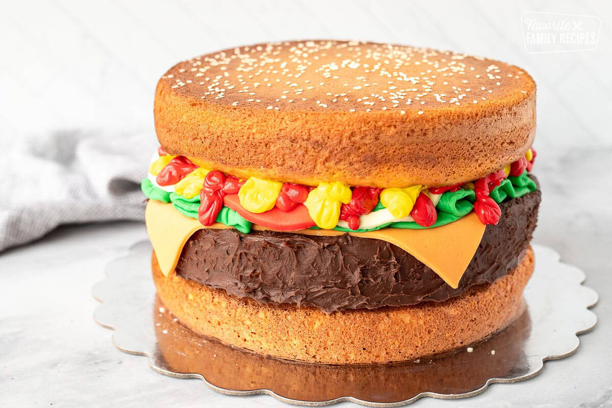 Constructed Hamburger Cake made of cake, frosting and fondant.