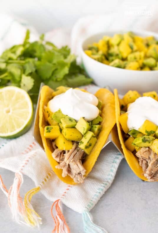 Kalua Pork Taco with Mango Salsa and sour cream.