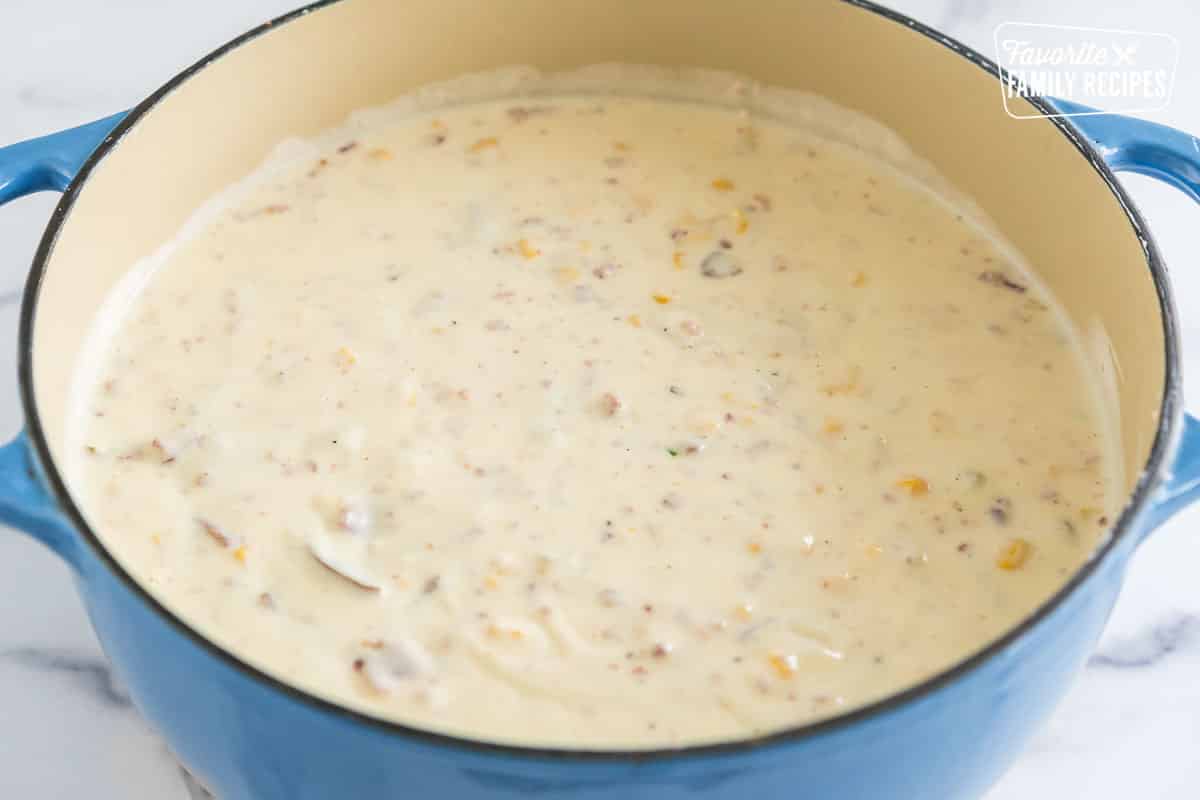 Loaded baked potato soup in a large pot
