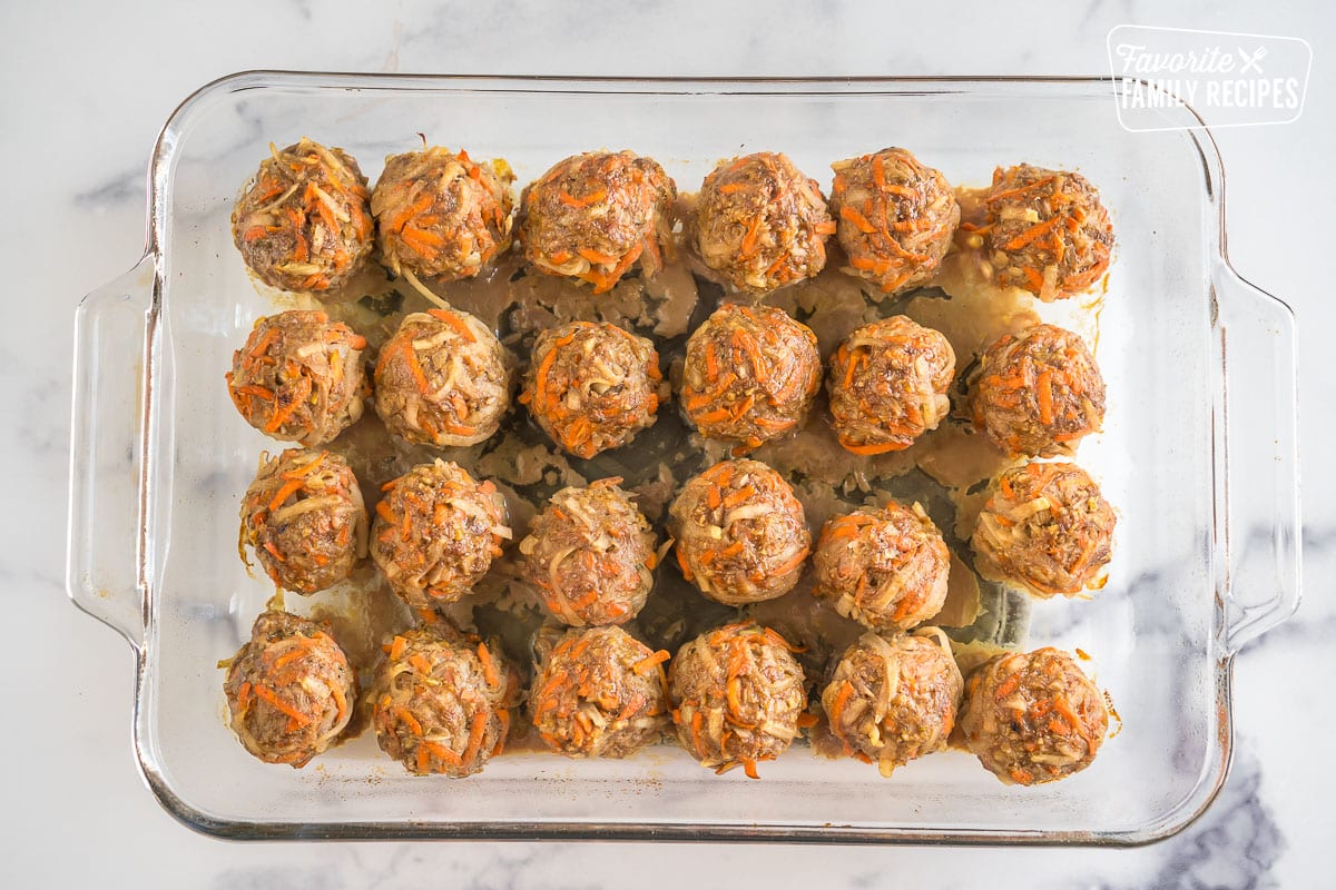 Baked meatballs in a baking dish
