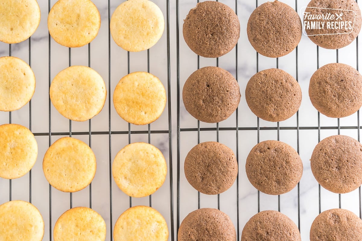 chocolate and vanilla mini cupcakes cooling on a wire rack